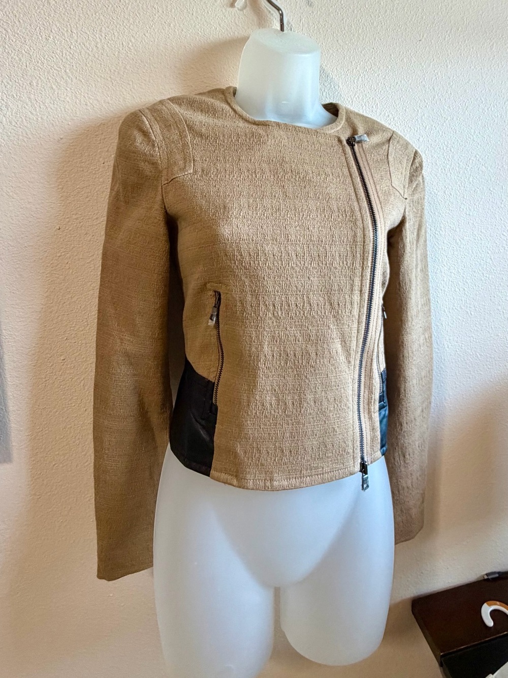 Armani Exchange Tan Textured Asymmetrical Zip Leather-Trim Jacket